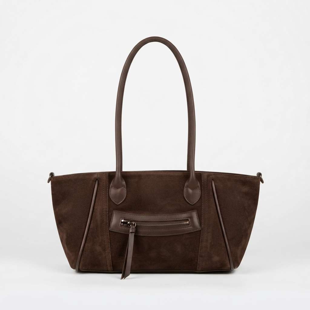 Bolso de hombro modelo Terra de ante en color camel oscuro, vista frontal con bolsillo delantero con cremallera.