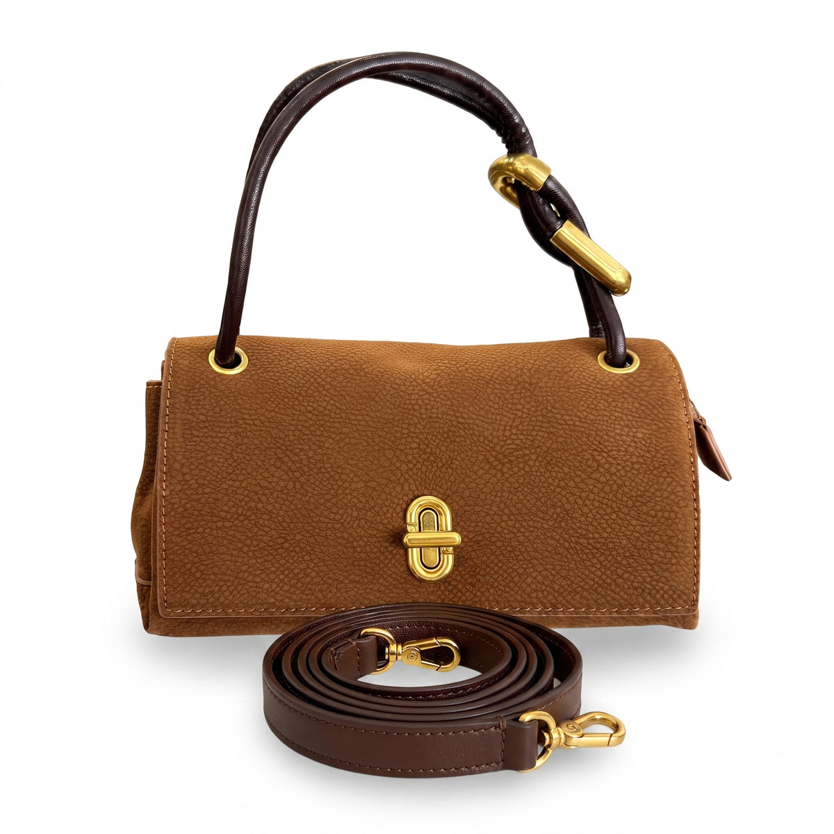 Bolso de mano modelo Elara de ante en color camel con asa corta y correa bandolera larga adicional.