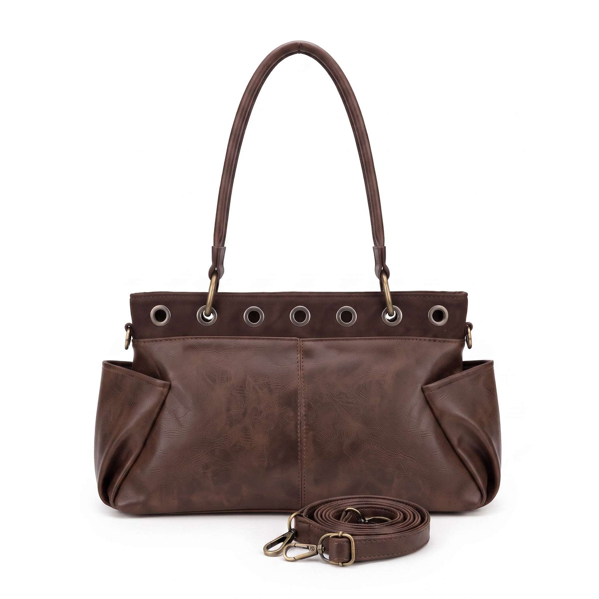 Bolso de hombro marrón modelo Zeus con ojales metálicos decorativos y correa larga ajustable enrollada en la parte delantera sobre fondo blanco.
