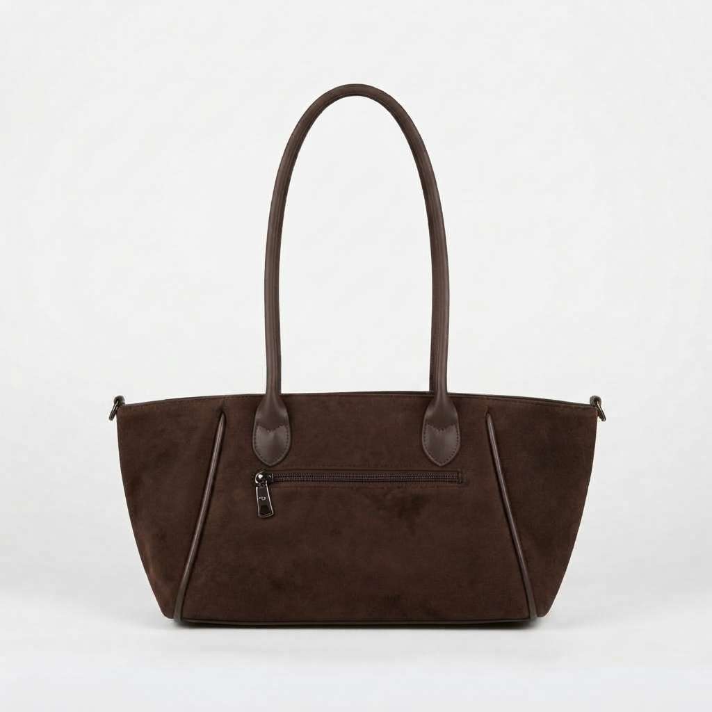 Vista trasera del bolso de ante modelo Terra en color camel oscuro con bolsillo de seguridad con cremallera.