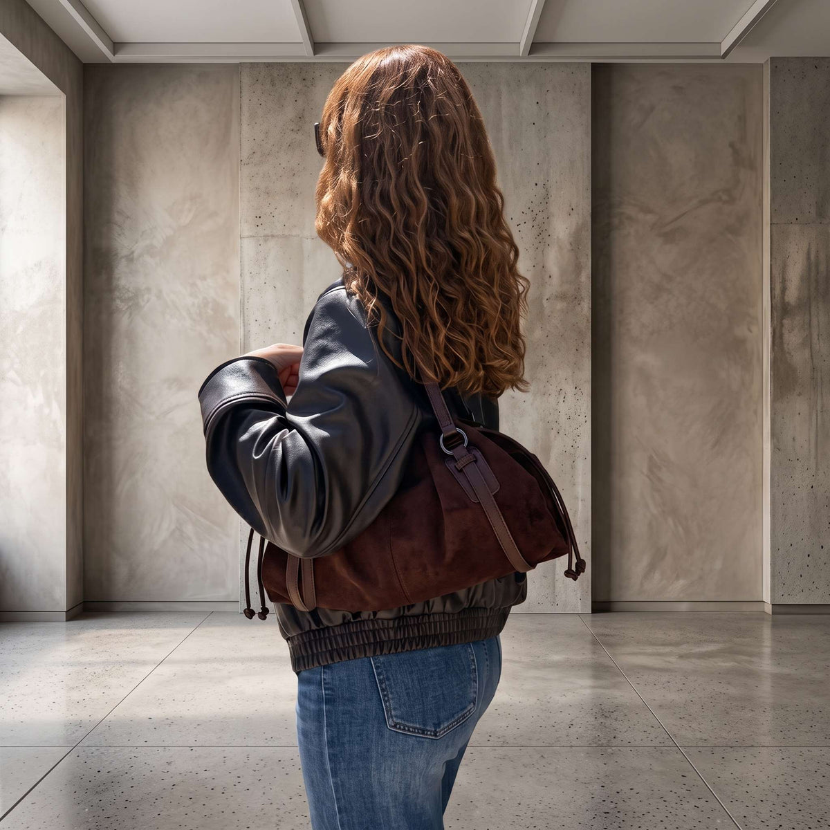 Mujer con chaqueta de cuero negra y vaqueros llevando el bolso POD chocolate colgado al hombro, mostrando su tamaño real, caída natural y estilo casual para el día a día