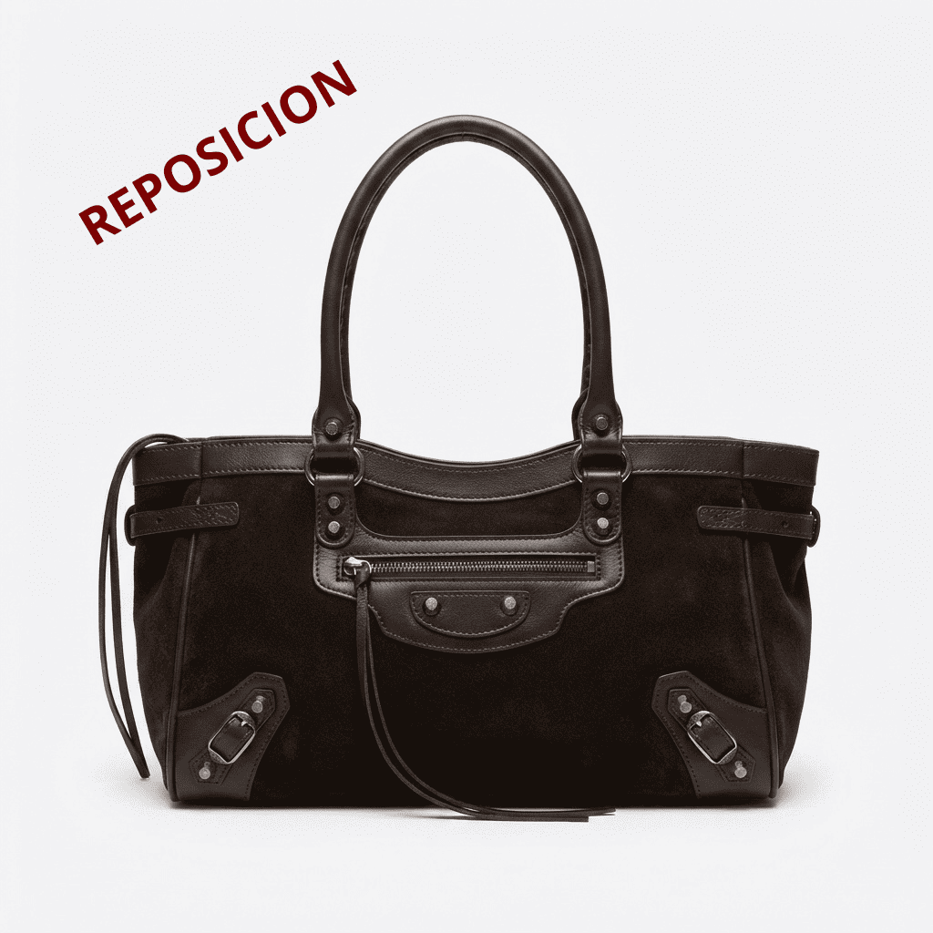 Bolso satchel marrón modelo Cleo de piel y ante con bolsillo delantero con cremallera, hebillas y tachuelas sobre fondo blanco.