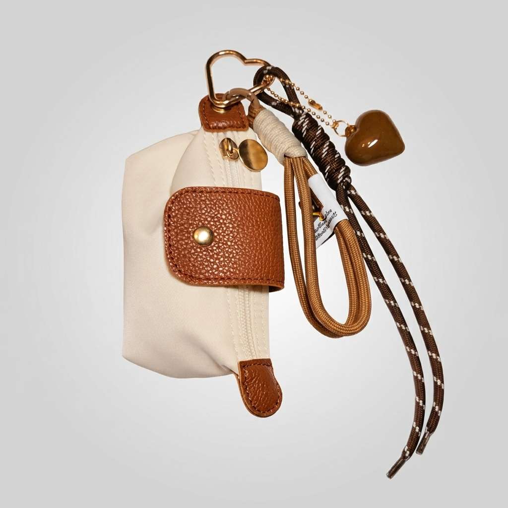 Llavero y charm para bolso con mini bolso beige y marrón, colgante de corazón marrón, cordones trenzados y herrajes dorados sobre fondo blanco.