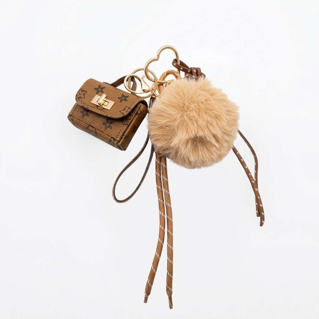 Texto alternativo (Alt Text):
Llavero y charm para bolso con mini bolso marrón estampado, pompón de pelo sintético beige, cordones marrones y detalles dorados sobre fondo blanco.
