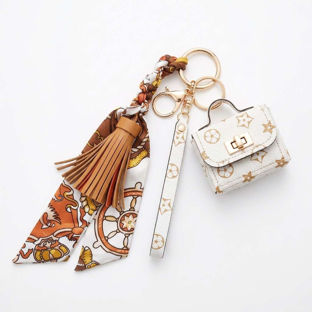 Texto alternativo (Alt Text):
Llavero y charm para bolso con mini monedero estampado, pañuelo trenzado en tonos marrones y naranjas, borla de piel y detalles dorados sobre fondo blanco.
